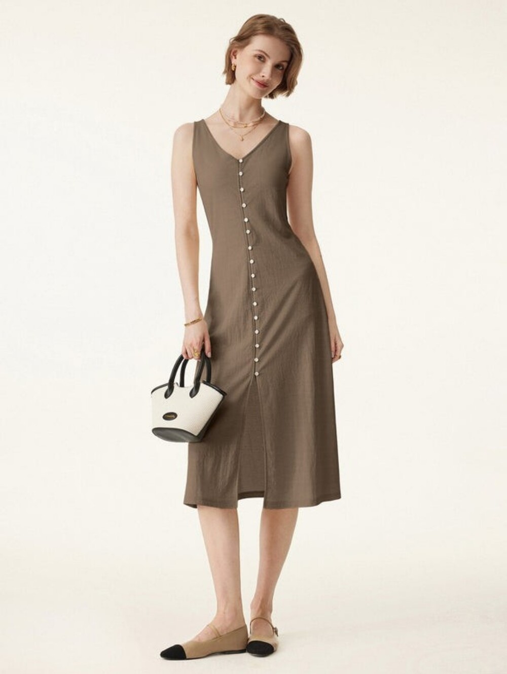 NWT OGL Multi-wear V-neck Button Front Midi Vest Dress XS